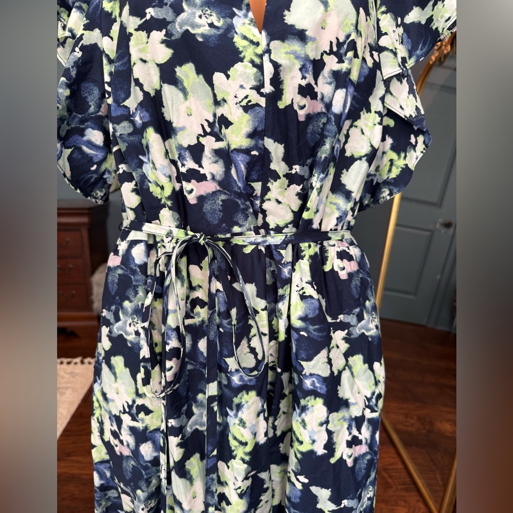 Floral Midi Dress Navy Green Tie Waist Pockets Short Sleeve 1X - Picture 5 of 8